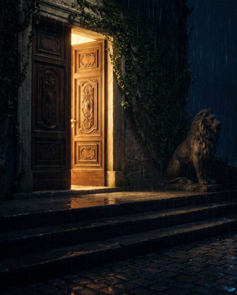 Il portone della villa socchiuso nella notte, con una lama di luce calda