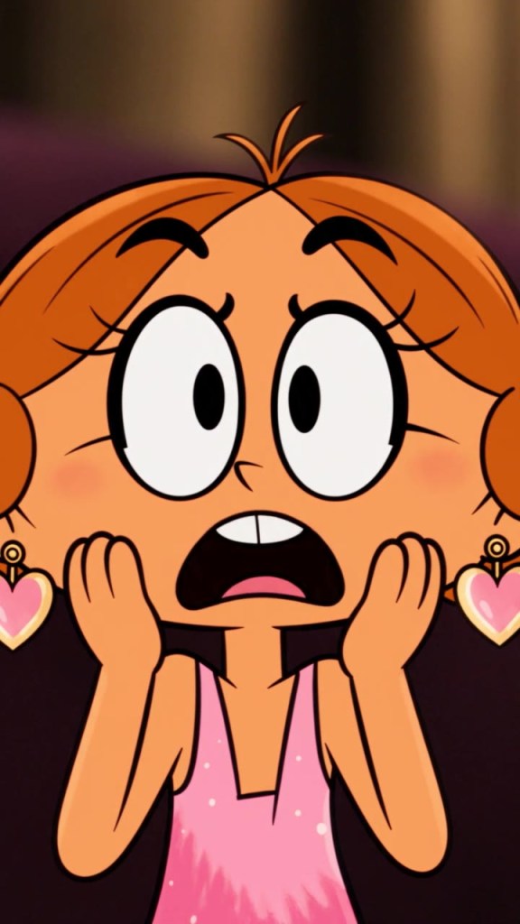 Lady, bambina cartoon arancione, con le mani sulle guance e gli occhi sbarrati