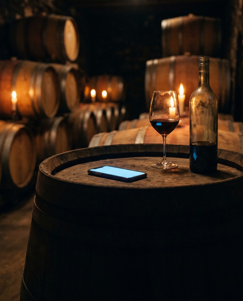 Un telefono acceso su una botte di rovere in cantina, accanto a un bicchiere di vino rosso