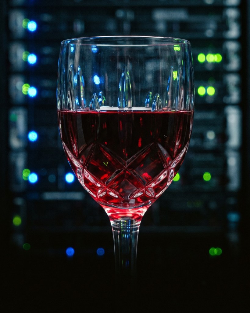 Un calice di vino rosso in cui si riflettono le luci di una sala server
